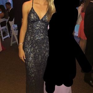 Scala 47542 Open Back Navy Beaded Prom Dress
